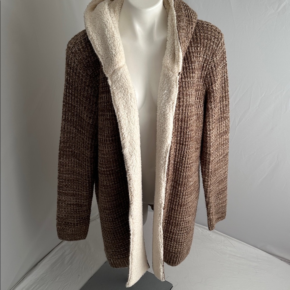 Lety & Me brown tan cream knit Sherpa lined hooded open cardigan